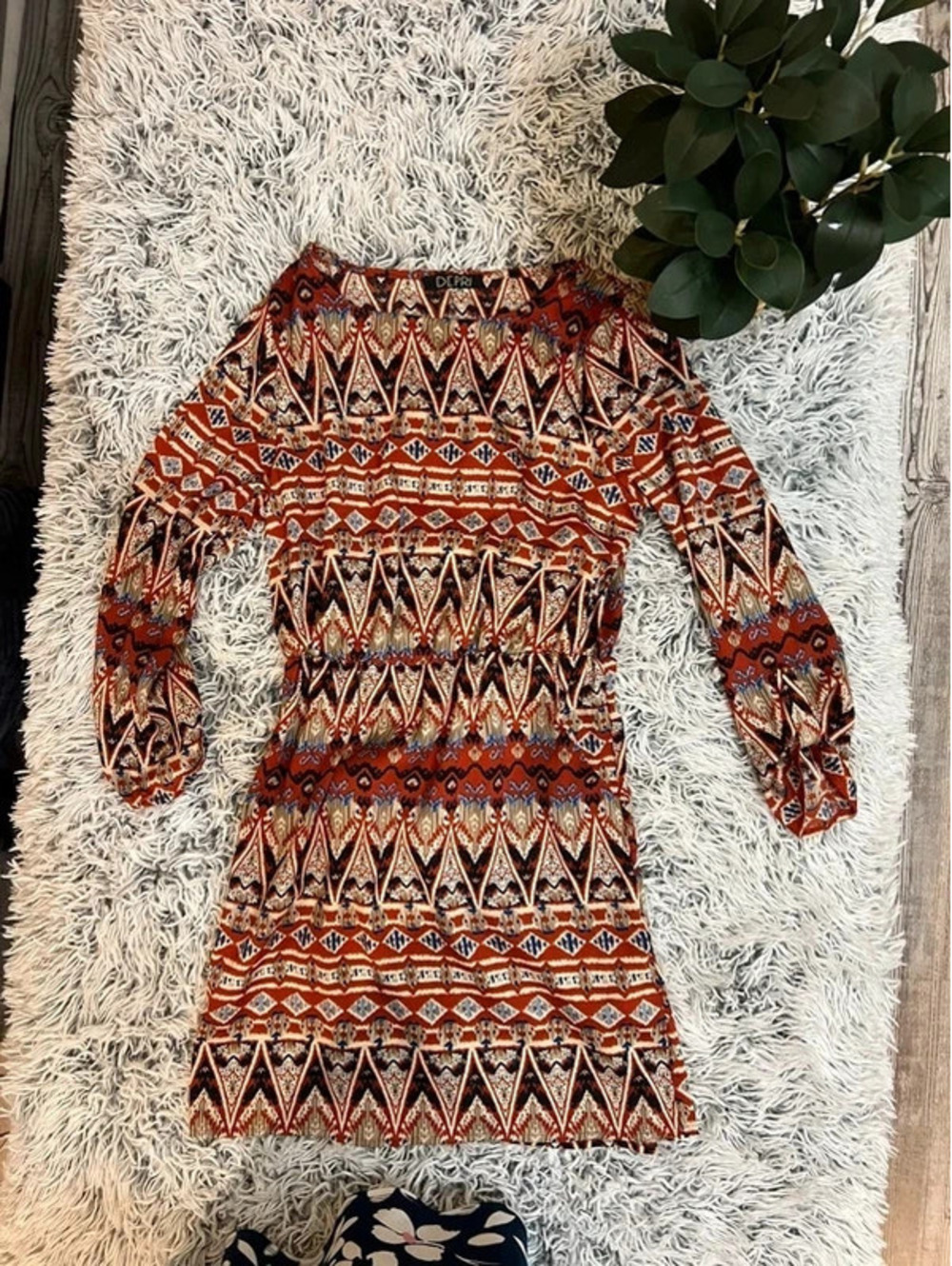 DEPRI Boho Southwestern Print Dress | Small | Elastic Waist | 3/4 Sleeve